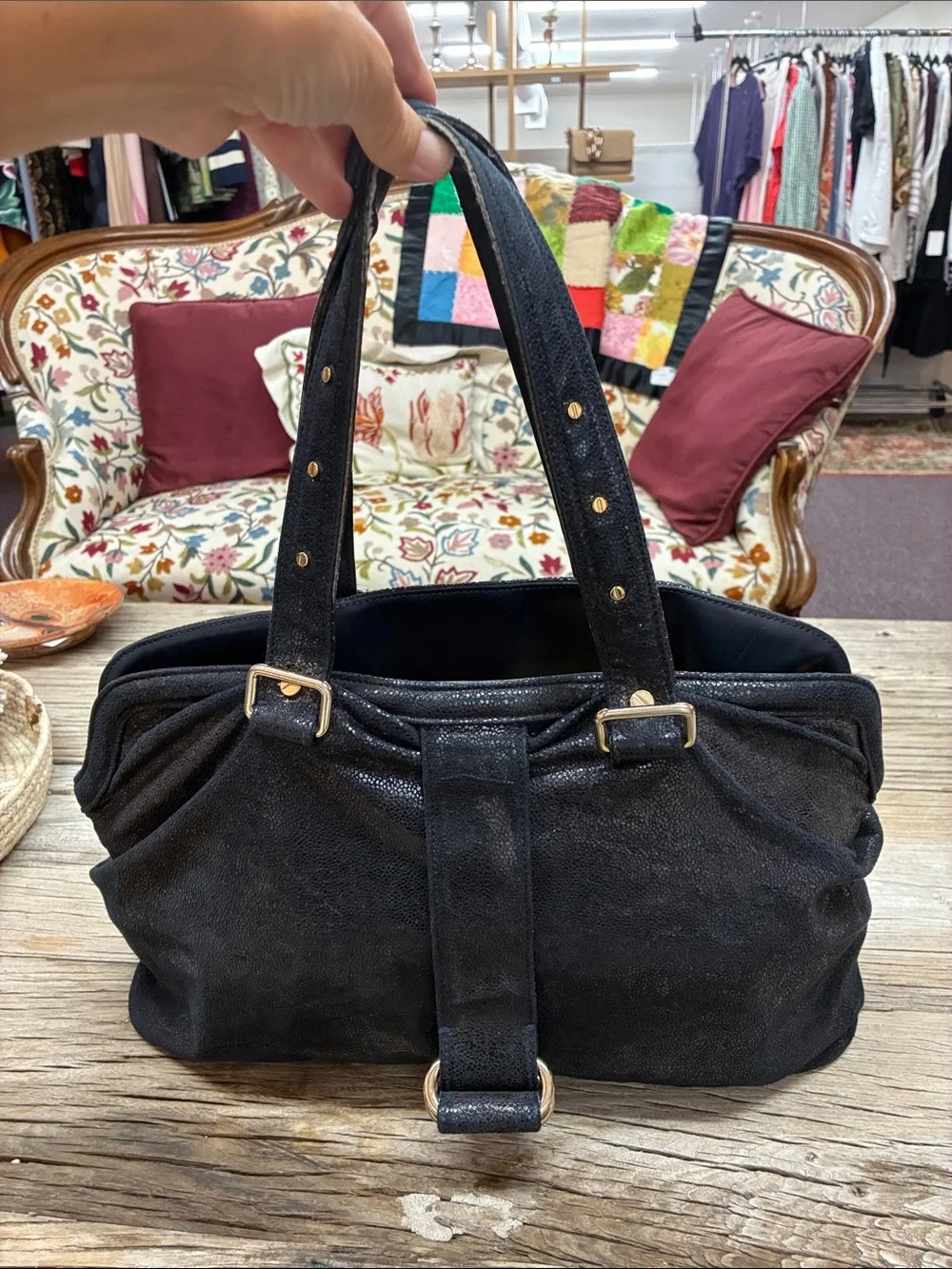 Stella McCartney Navy Blue Leather Tote Handbag Gold Hardware